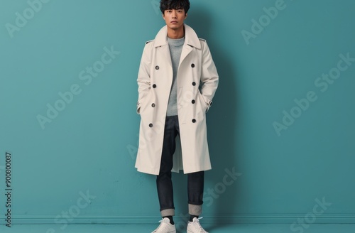 Man in White Trench Coat Against Teal Wall