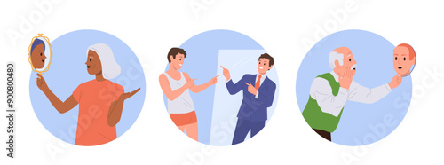 Set with diverse people looking at mirror viewing reflection of opposite personality to themselves