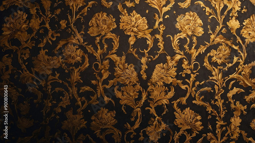 Vintage golden wallpaper featuring a worn tapestry with an intricate Victorian pattern. This video blog concept showcases an 8K quality, hyper-realistic design, emphasizing ultra-realism and detailed 