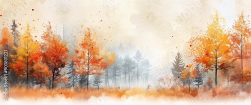 Autumn Trees in Foggy Forest