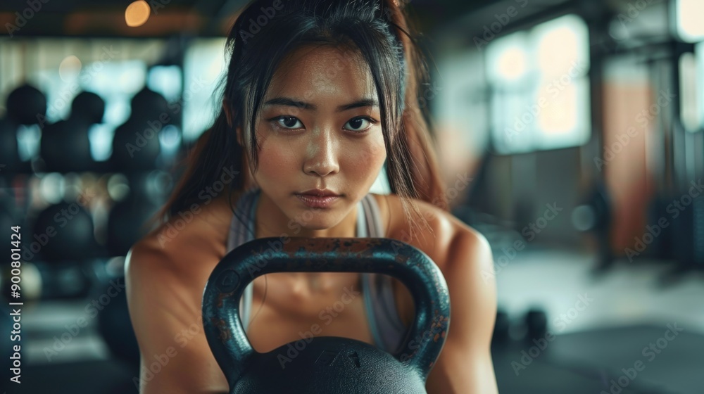 Fototapeta premium Woman Holding Kettlebell in a Gym