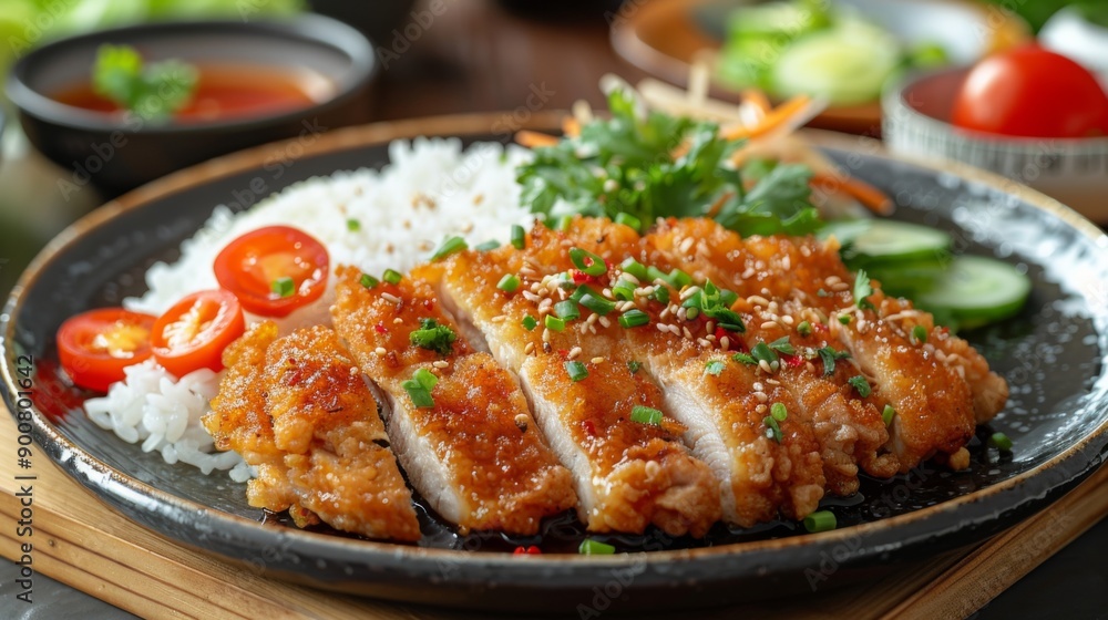 Crispy Chicken Katsu on Rice with Fresh Vegetables Crispy Chicken Katsu on Rice with Fresh Vegetables