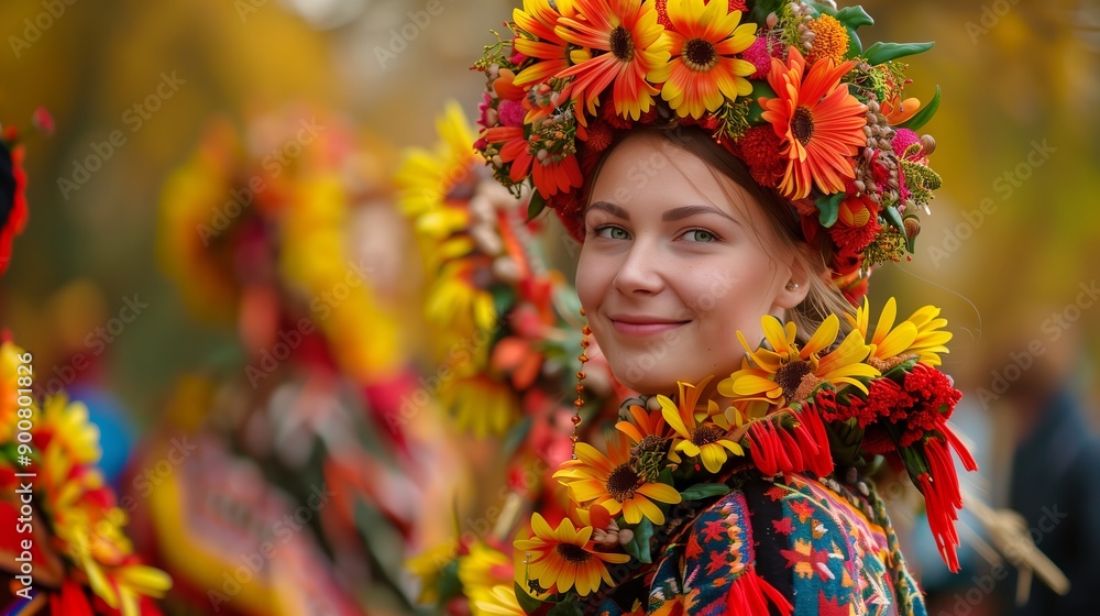Portrait of a beautiful young girl dressed in an autumn festive costume in the form of flowers. Festival of autumn and harvest. Themed celebrations. Copy space. Portrait of a beautiful young girl dressed in an autumn festive costume in the form of flowers. Festival of autumn and harvest. Themed celebrations. Copy space.