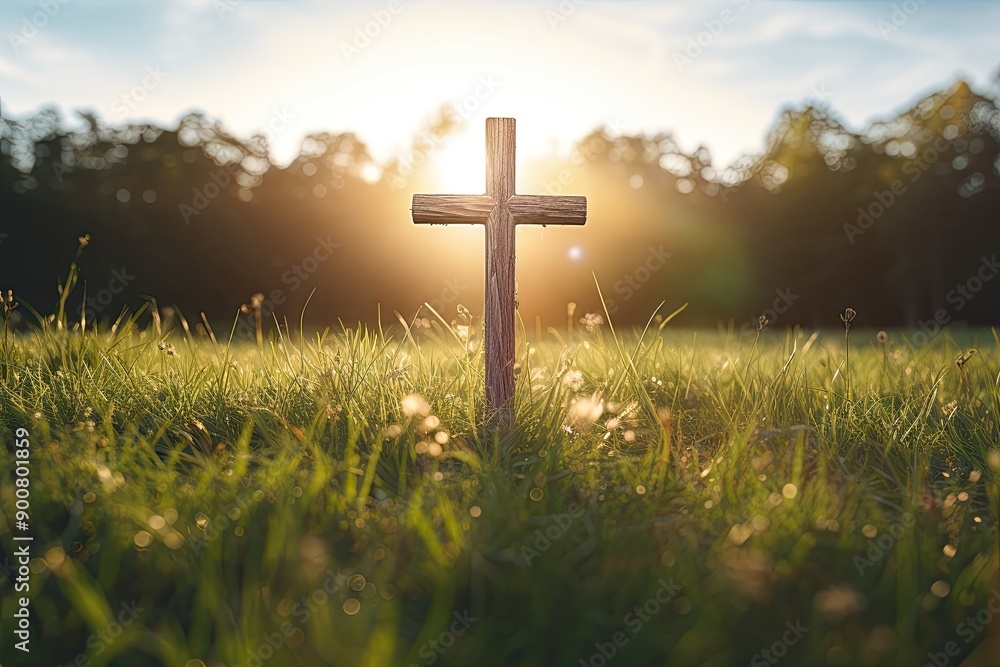 Christian cross lies on the green grass, sun rays Christian cross lies on the green grass, sun rays