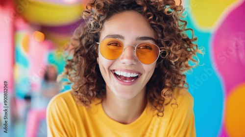 Woman Smiling In Sunglasses Against Colorful Wall
