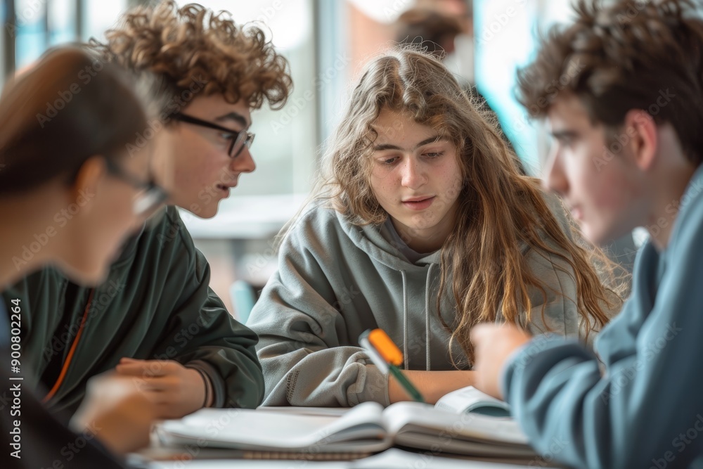 Group of Classmates Discussing Scientific Theories with Books and Notes in Study Session Group of Classmates Discussing Scientific Theories with Books and Notes in Study Session