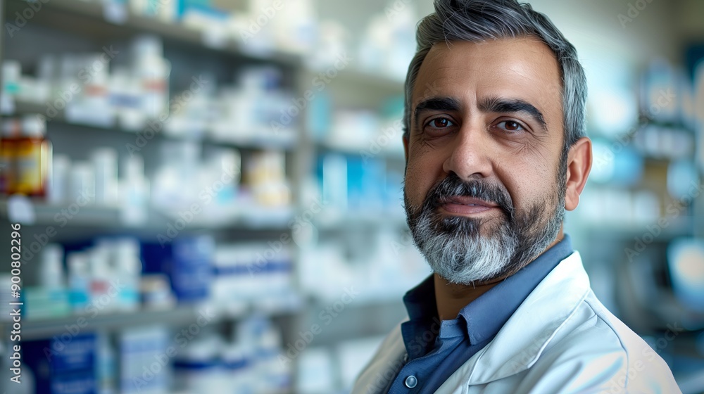 Portrait of an Indian male pharmacist standing against the background of medicines inside a pharmacy. Copy space. Portrait of an Indian male pharmacist standing against the background of medicines inside a pharmacy. Copy space.