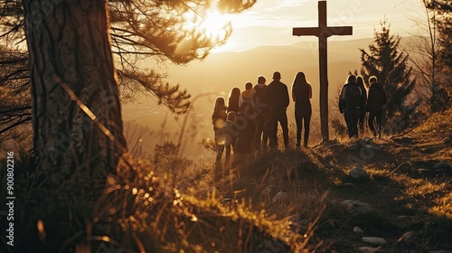 Christian young people around wooden christian cross. Christian community and faith in Jesus Christ concept.