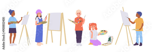 Children artists cartoon characters drawing pictures and painting on canvas set isolated on white
