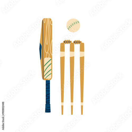 Cricket set. Sport equipment. Bat, ball and wicket bails. Vector flat hand drawn collection illustration isolated on white background.