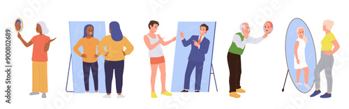 Diverse people cartoon characters front of mirrors feeling positive and negative emotion set