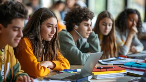 High School Students in Virtual Study Group with Textbooks and Laptops - Collaborative Learning Environment