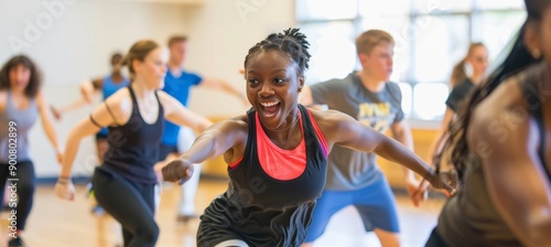 Energetic Dance Fitness Class with Enthusiastic Instructor Leading Diverse Group of Classmates © spyrakot