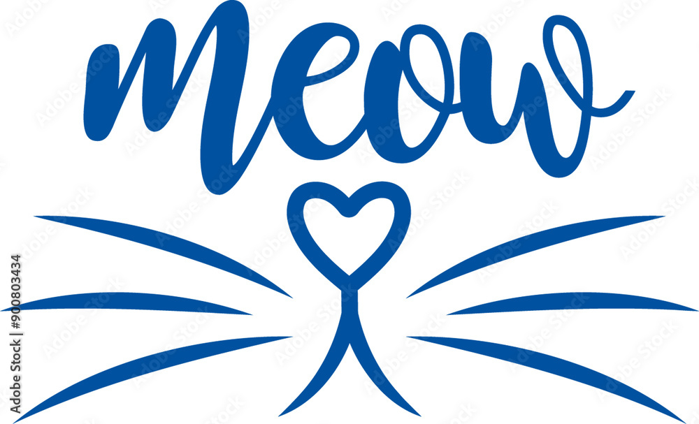 Word meow and cat mustache with heart-shaped nose for design of clothing. Hand drawn. Word meow and cat mustache with heart-shaped nose for design of clothing. Hand drawn.