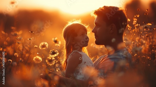 Father and Daughter in Sunset Wildflower Field © Sandu