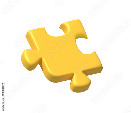 Yellow puzzle piece 3d icon. Abstract jigsaw detail ready for connected or disassembling isolated on white background. Logic game toy template missing cut choice connection. Variation attached