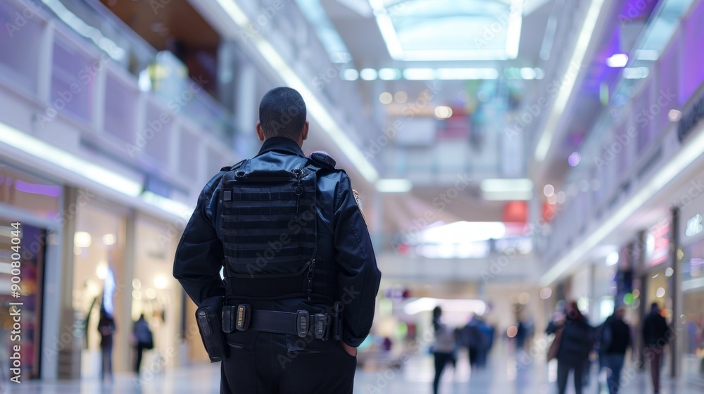 A man in a black jacket and vest stands in a mall with a crowd of people A man in a black jacket and vest stands in a mall with a crowd of people
