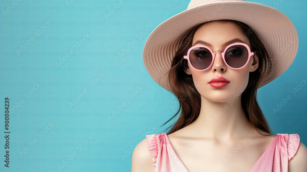 Fototapeta premium Woman in pink sunglasses, hat, and dress on blue background. ..
