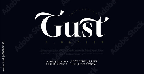Gust elegant, Unique Font Uppercase Lowercase and Number. Classic Lettering Minimal Fashion Designs. Typography modern serif fonts regular decorative vintage concept. vector illustration