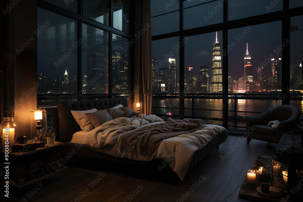 a bedroom with a view of the city at night high quality a bedroom with a view of the city at night high quality