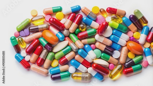 Studio shot of assorted colorful pills on a white background, medicine, medication, healthcare, tablets, capsules