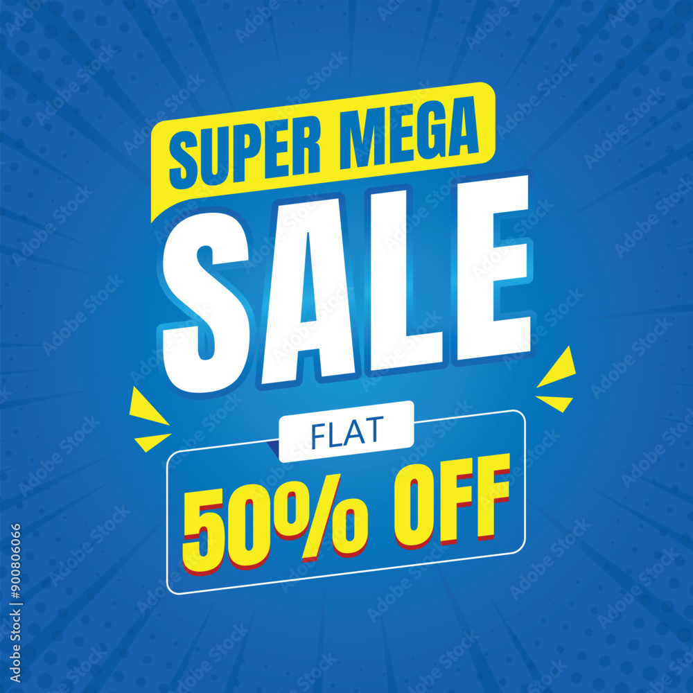 Fototapeta premium Super mega sale flat discount and special offer tag, Mega offer social media template, Mega sale banner discount promotion template, Vector illustration, Blue banner.