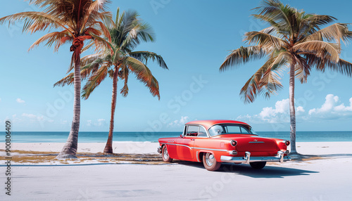 Classic red car parked by the shore, evoking nostalgia and summer vibes with its vintage charm against a backdrop of palm trees and ocean waves. Gataway and retro traveling in exotic Caribean concept photo