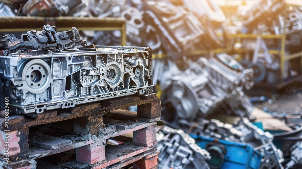 Aluminum Engine Block Palletized at Scrap Metal Yard Stock Illustration ...