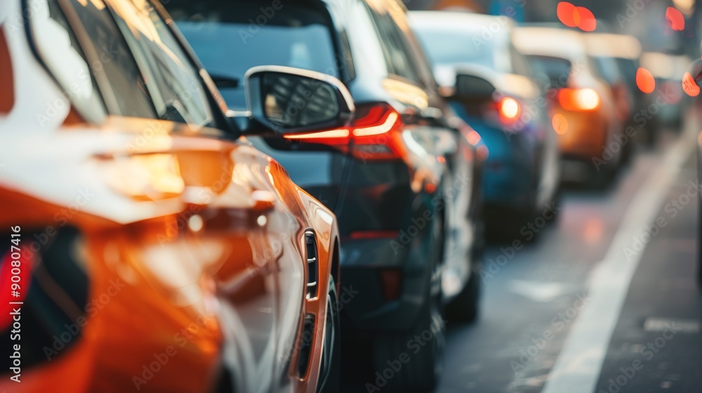 A Line of Cars Stopped In Traffic on a City Street A Line of Cars Stopped In Traffic on a City Street