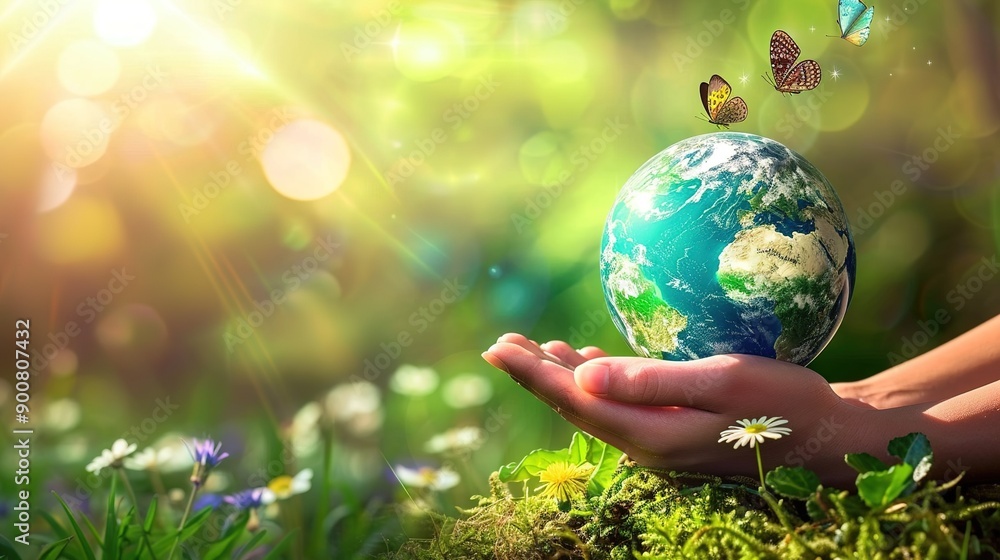 Hands Holding Earth Globe in Sunny Green Forest Hands Holding Earth Globe in Sunny Green Forest