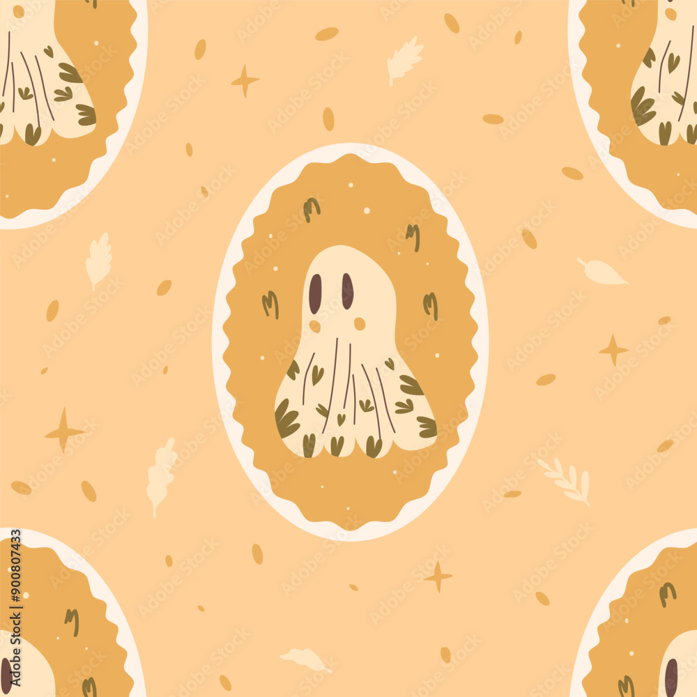 Halloween ghosts medallion seamless pattern. Oval emblem with ghoul repeat background. cute monster retro circular autumn festive badge endless surface design. Vector hand drawn flat illustration. Halloween ghosts medallion seamless pattern. Oval emblem with ghoul repeat background. cute monster retro circular autumn festive badge endless surface design. Vector hand drawn flat illustration.