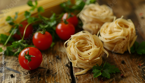 Dry Italian pasta Barbine in nests with cherry tomatoes and parsley on the old wooden background, assorted pasta photo