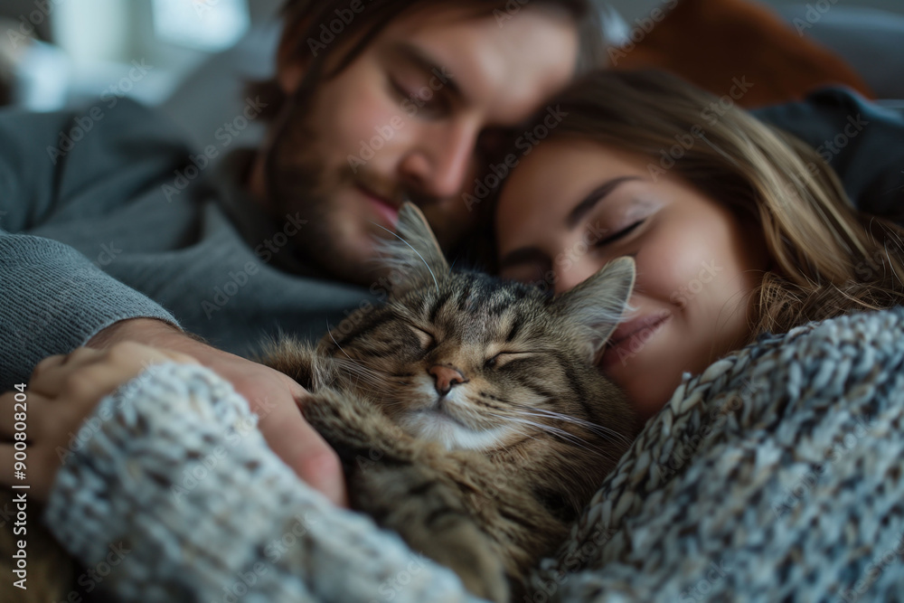 A couple cuddling with their cat, enjoying a cozy indoor setting A couple cuddling with their cat, enjoying a cozy indoor setting