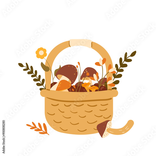 Basket of mushrooms isolated on white background. Vector hand drawn illustration