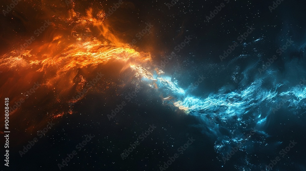 An image depicts a cosmic setting with radiant orange and blue lights emanating from the center An image depicts a cosmic setting with radiant orange and blue lights emanating from the center