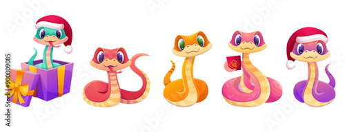 Cute snakes set. Chinese 2025 New Year symbol. Snake characters in different pose, in Santa hat and gift box. Smiling kawaii serpent. Cartoon vector illustration isolated on white background