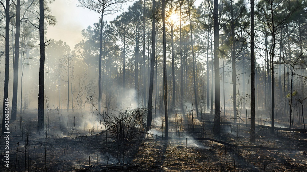 Naklejka premium Morning Sunlight Illuminates Smoke Through Pine Trees After Forest Fire