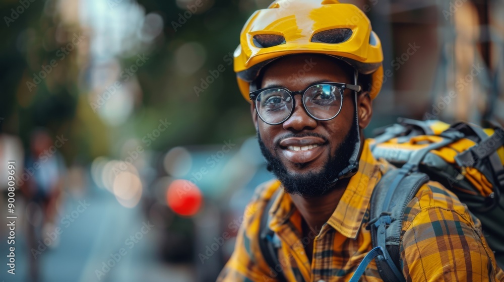 Young Man with Helmet and Backpack Bicycling Outdoors Young Man with Helmet and Backpack Bicycling Outdoors