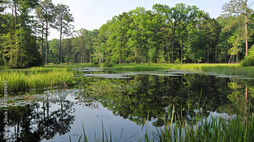 Tranquil Pond Surrounded By Green Trees In A Lush Forest Tranquil Pond Surrounded By Green Trees In A Lush Forest