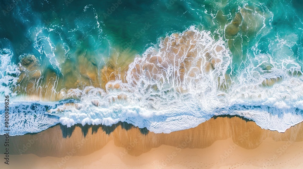 Aerial View of Foamy Waves Crashing on Sandy Beach Aerial View of Foamy Waves Crashing on Sandy Beach
