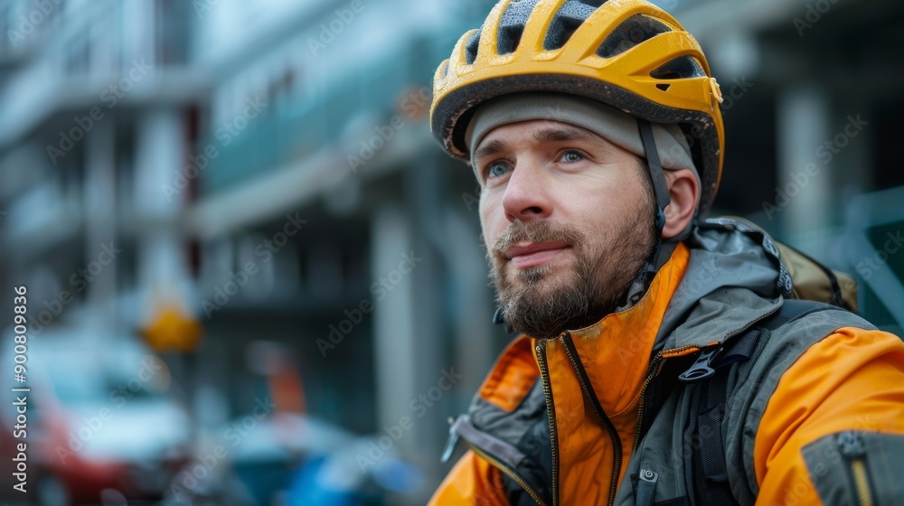 Man Wearing Helmet and Jacket in Urban Environment Man Wearing Helmet and Jacket in Urban Environment