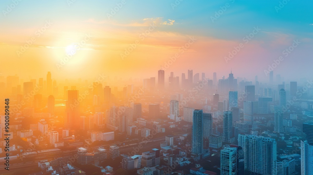 Fototapeta premium Cityscape Sunrise Over Skyscrapers in Hazy Morning Light