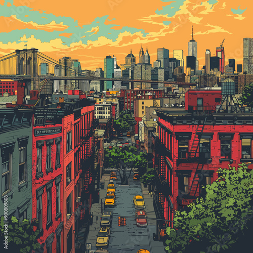 New York City street view at sunset. Vector illustration in retro style.