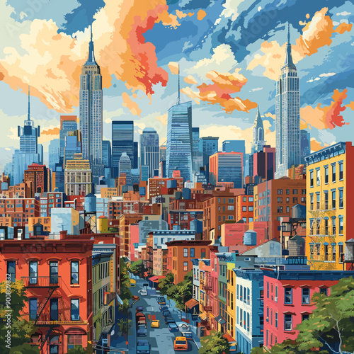 Cityscape with skyscrapers of New York City. Vector illustration.