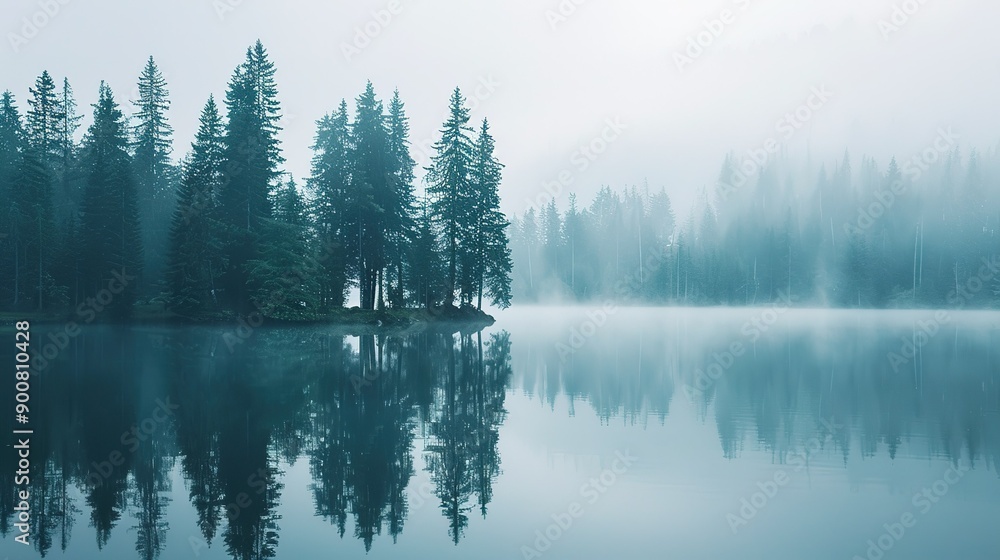 Foggy Morning Reflection on a Tranquil Lake Surrounded by Pine Trees Foggy Morning Reflection on a Tranquil Lake Surrounded by Pine Trees