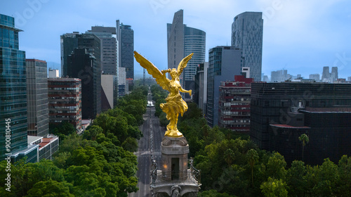 Mexico City, Mex. June 29, 2024: Iconic Angel of Independence, the monument stands majestically in the middle of Reforma Avenue. It symbolizes freedom and in the heart of the Mexican capital.