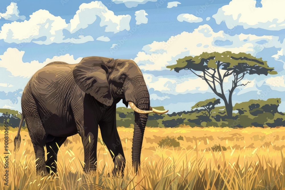 Fototapeta premium Digital illustration of a single elephant with african savanna backdrop