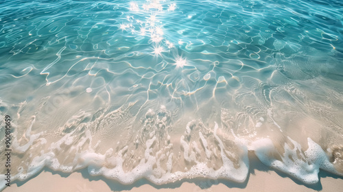 Close up of crystal blue clear transparent sea shallow waters near shore, sunlight reflected with beautiful shiny bright highlights photo