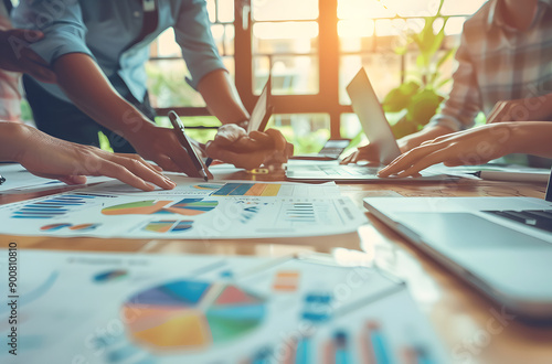 Working group gathered around a table studying company statistics to improve various aspects of the company