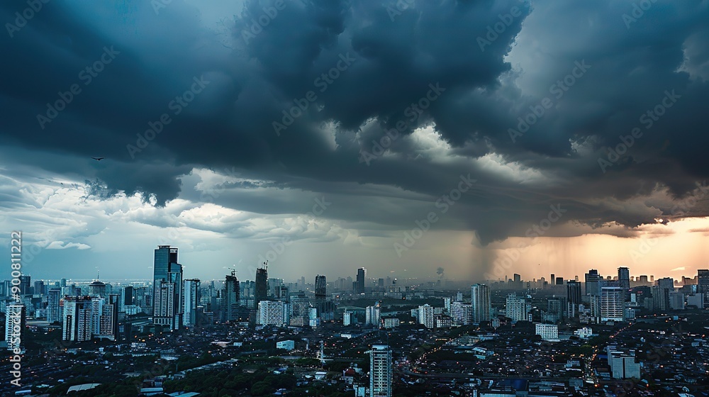Obraz premium Storm Clouds Gathering Over a Cityscape at Sunset